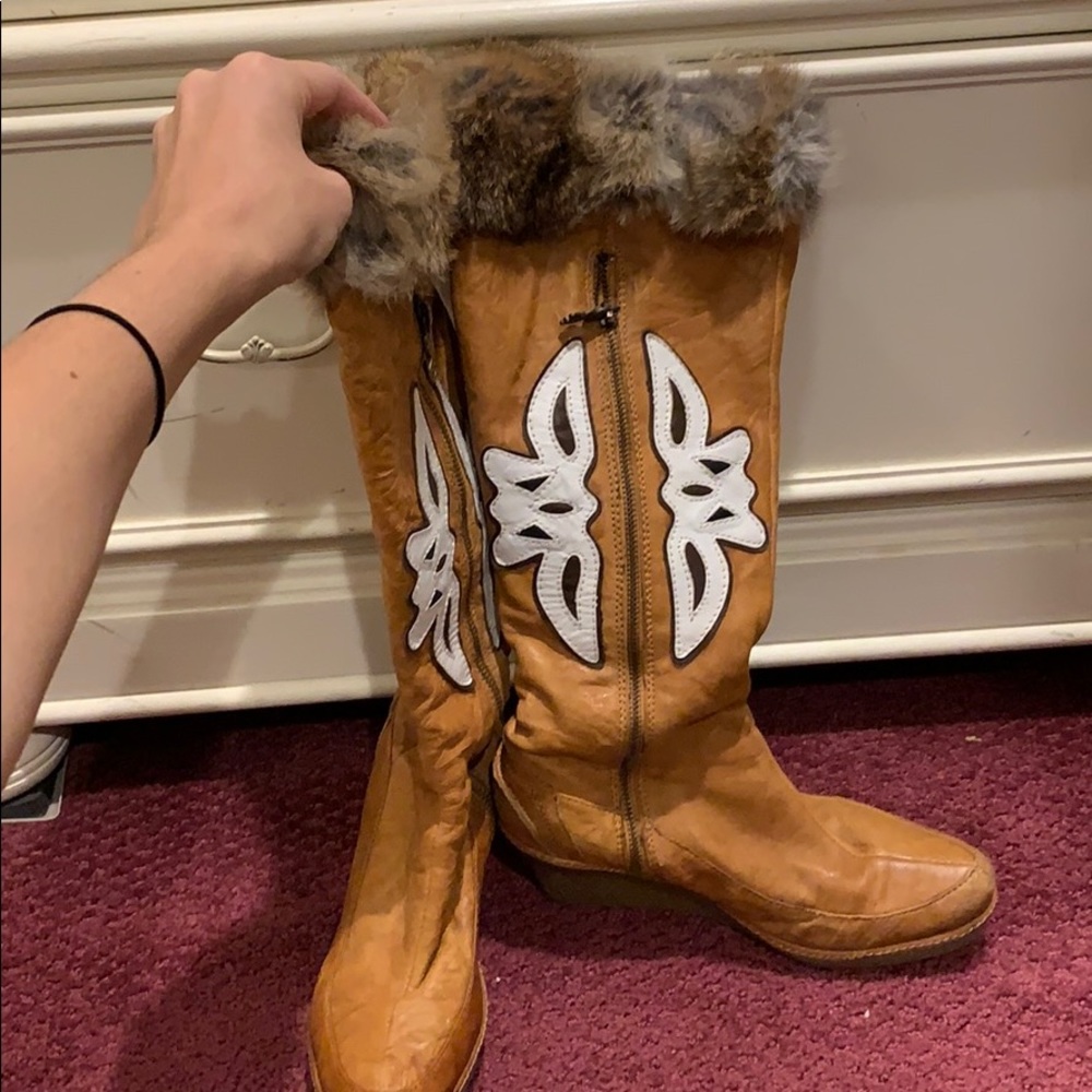 Wedge Leather Booties with Fur